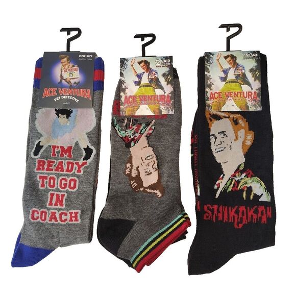 Ace Ventura Pet Detective 4 pair (2 Ankle/2 Crew) Novelty Mens Sz 6-12 Socks NWT - Picture 1 of 4